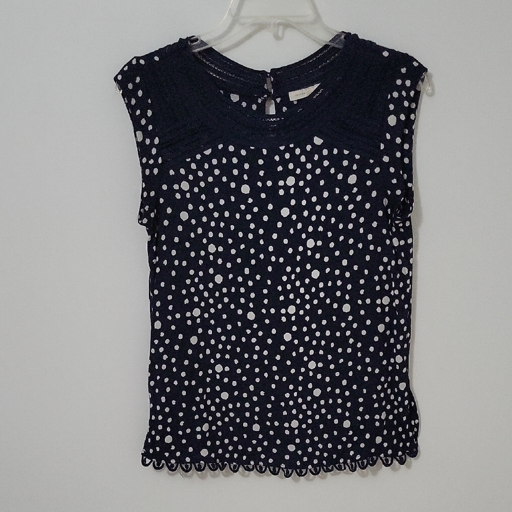 Meadow Rue Navy and White Polka Dot Blouse, Size Medium
